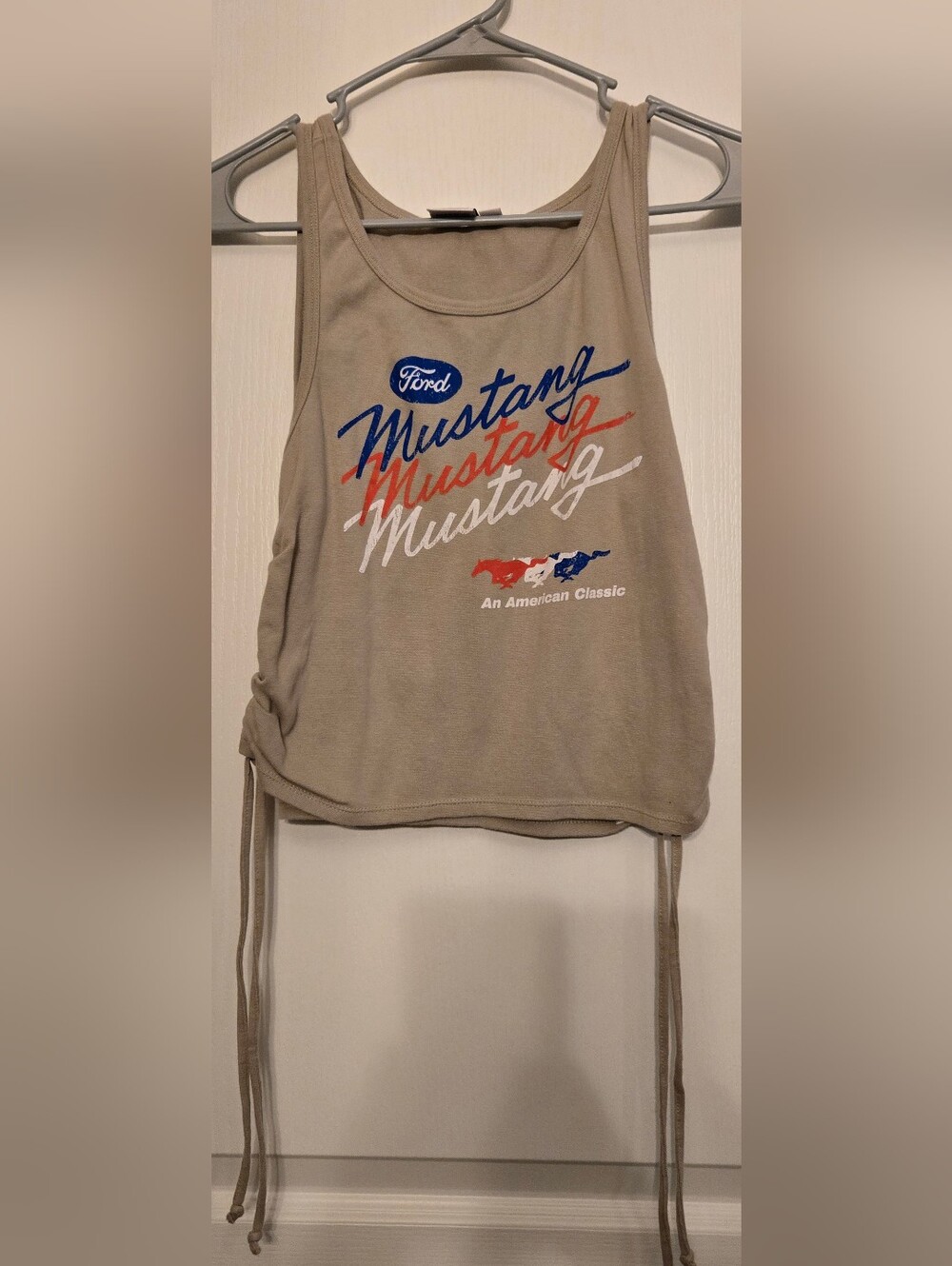 Women's Taupe Ford Mustang Cropped Graphic Tank Top With Cinched/Tie Sides